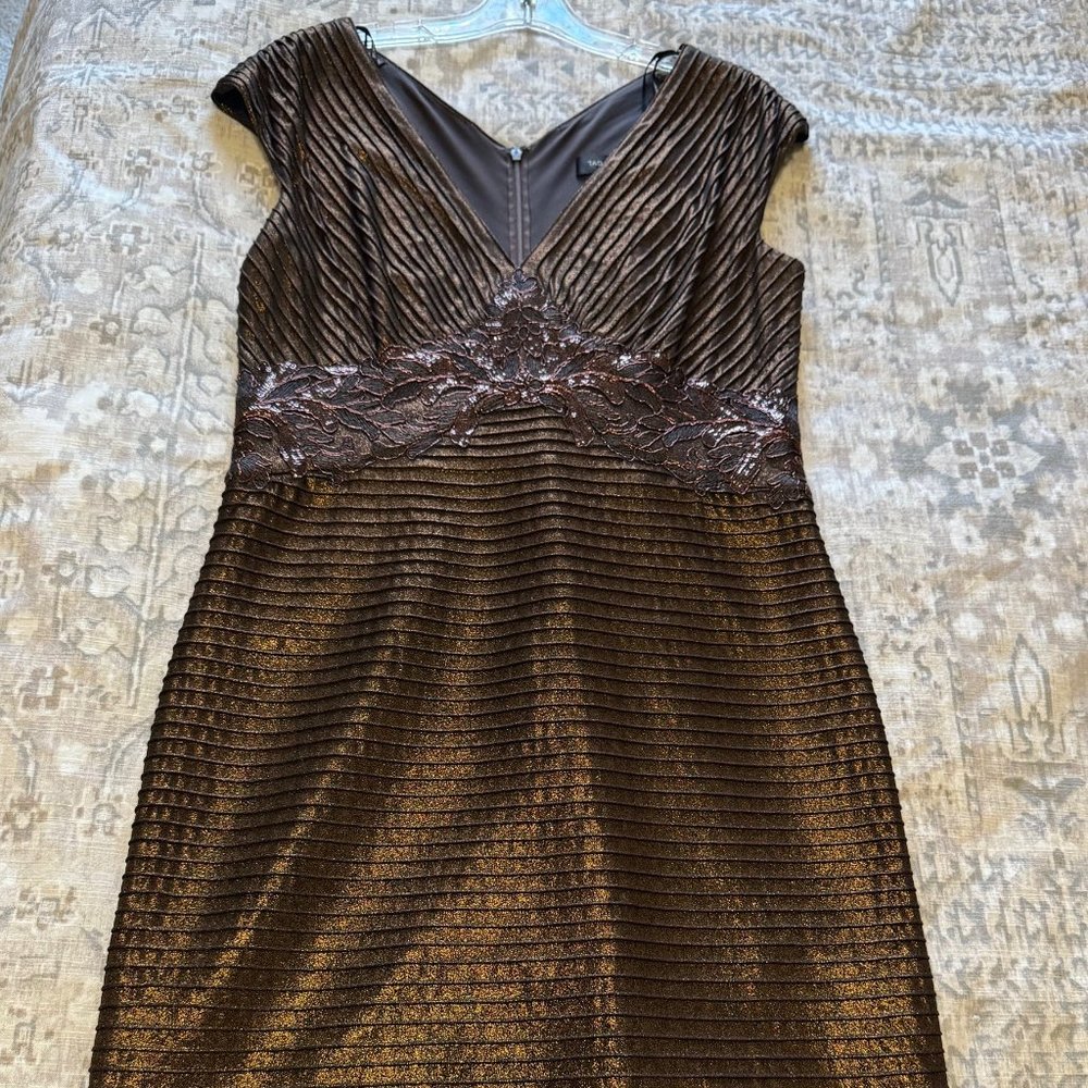 NWOT Tadshi Shoji Metallic Brown Cap Sleeve Midi Sheath Dress